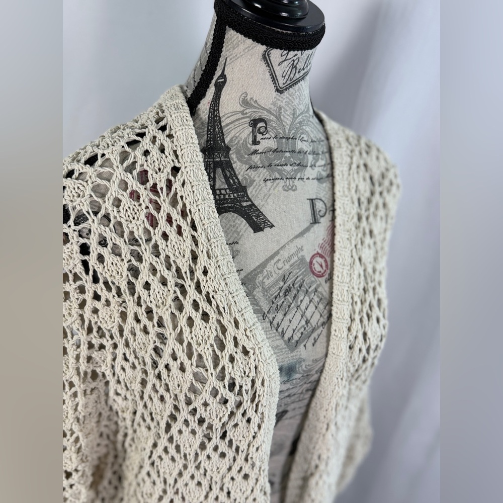 Artelier Nicole Miller Crochet Cream Open Knit Cardigan Size M Boho Chic - Picture 7 of 9